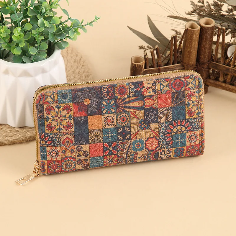 5pcs Wallets Women Cork Leather Flower National Printing Multifunctional Long Card Holder