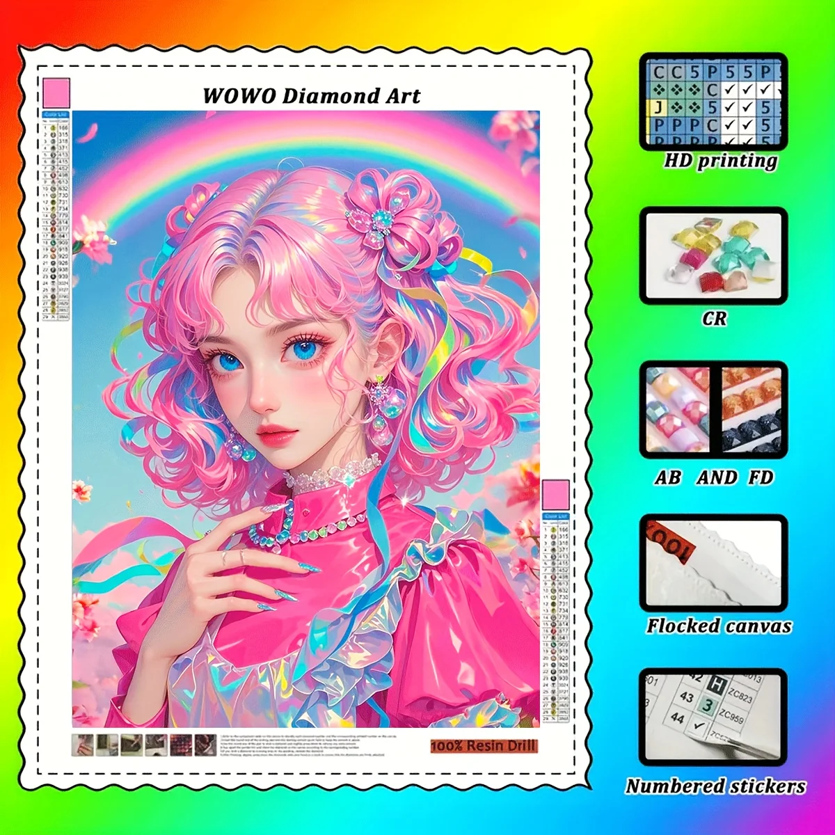 

Wowo Art, Niña arcoíris,, 100% resin beads, high-end plush fabric, featuring crystal bea