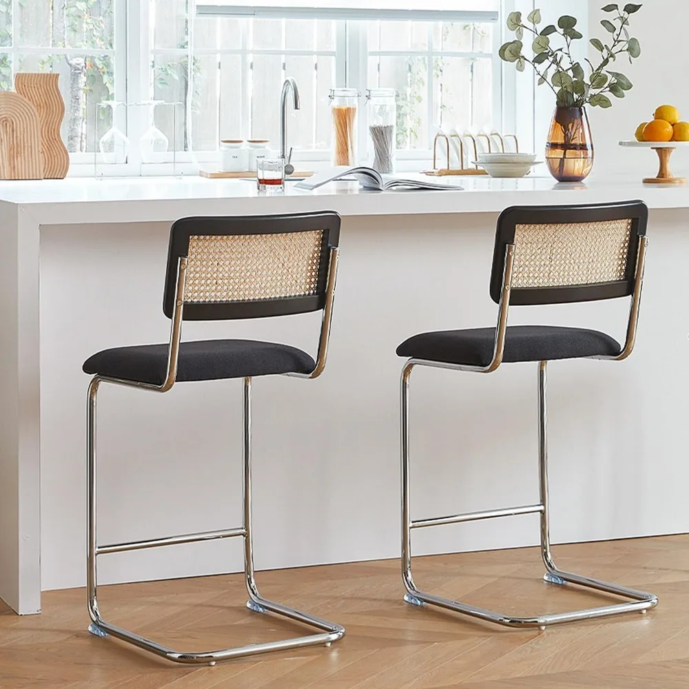 Natural Rattan Counter Height Stools Set of 2 with Solid Wood Back,Mid Century Modern Cesca Bar Stools, Black Chrome Up