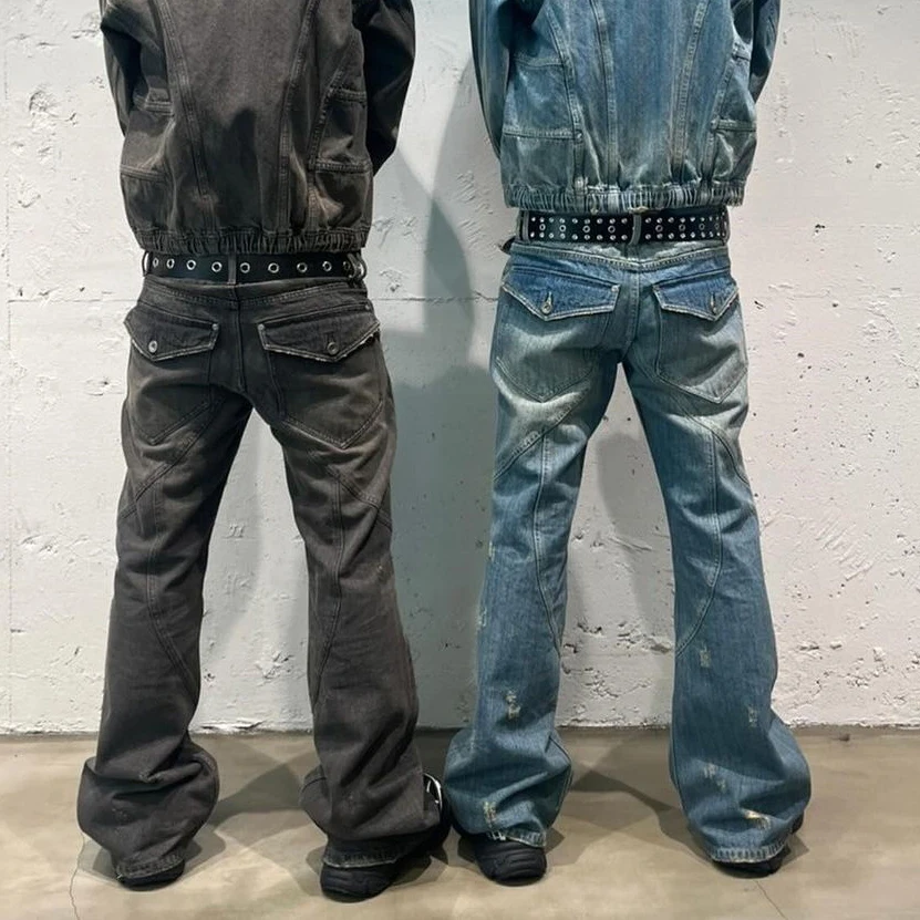 Irregular Iines Pockets Washed Black Baggy Jeans for Men Straight Vintage Casual Streetwear Loose Denim Trousers Oversize Cargos