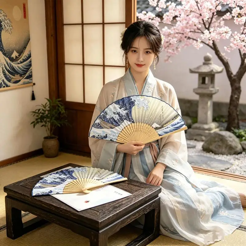 Vintage Japanese Bamboo Folding Fan Wave Sashimi Pattern Handheld Foldable Fan for Hanfu Matching Theme Party Decor