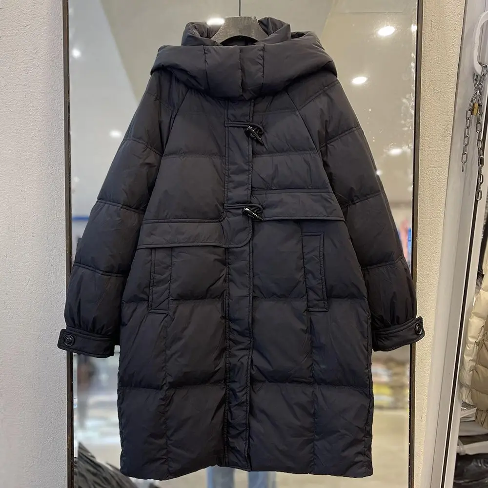 Hooded Down Jacket for Women New Korean Version with Cow Horn Button for Slimming Effect White Duck Down Fashionable and Styli