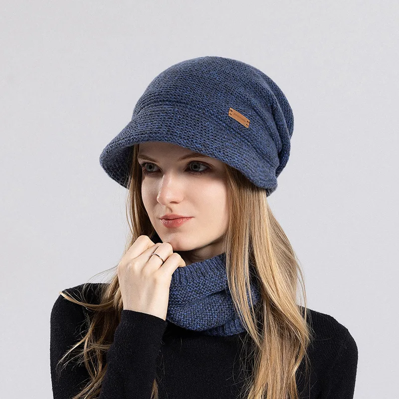 Women\'s Winter Keep Warm Beanie Scarf Set 2 Pieces Lady Fleece Lining Woolen Yarn Hat Knit Neck Gaiter Beret Wholesale Drop Ship