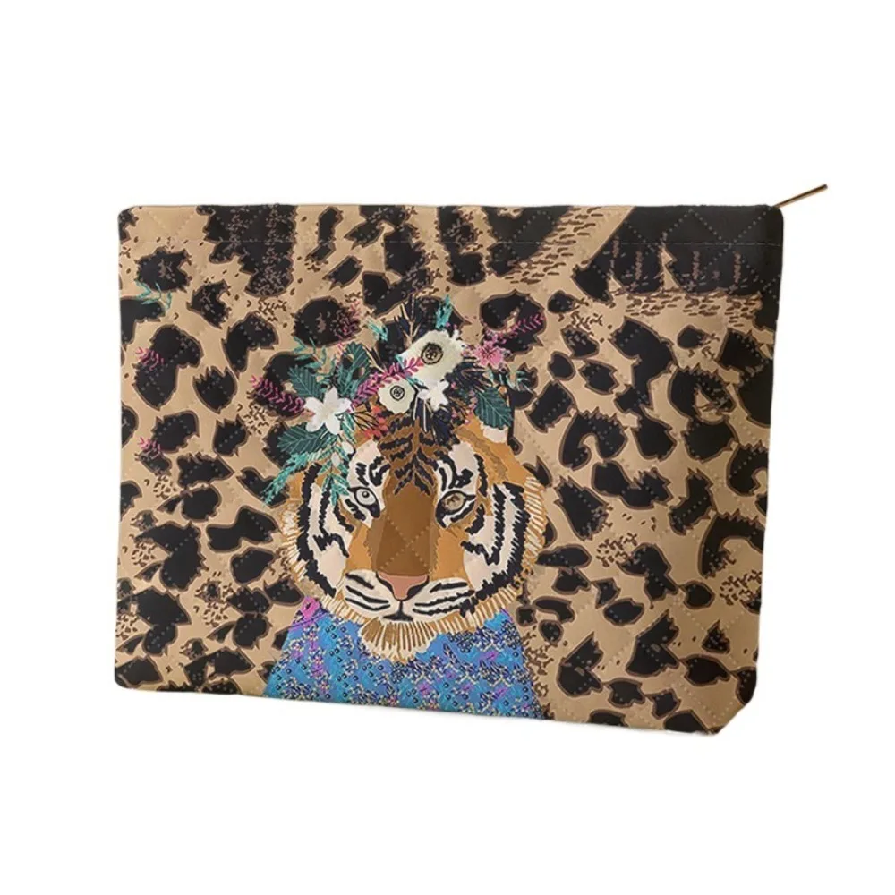 

Practical Tiger Leopard Print Makeup Bag Corduroy Zipper Closure Cosmetic Bags Multifunctional Lightweight Storage Bag