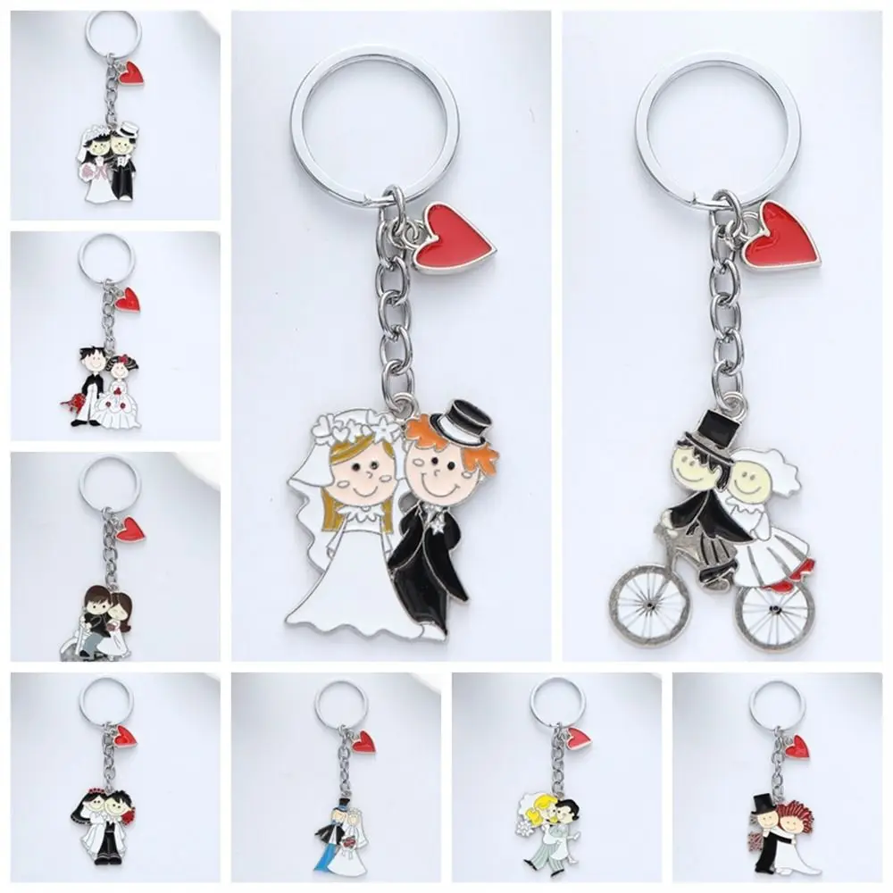 Enamel Bride Keychains Lovely Heart Love Wedding Dress Bridegroom Keychains Cartoon Get Married Couple Key Ring Women Girls