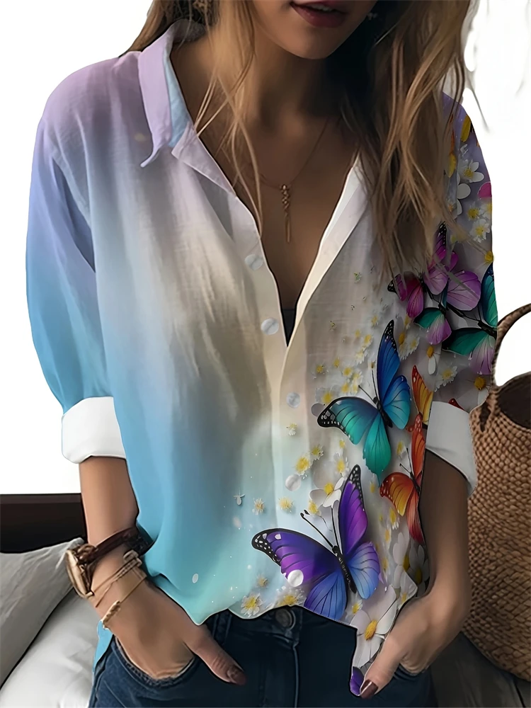 

2025 г., женская рубашка на пуговицах с узором бабочки и лацканами, повседневная модная рубашка на пуговицах с длинными рукавами, новые весенние топы