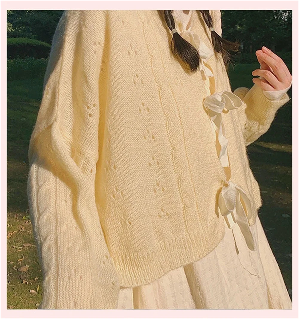 Fall 2023 Light Yellow Cropped Cardigan Women Sweet Loose Lace Up Knitted Sweater Jackets Female Hollow Tops Woman Clothing