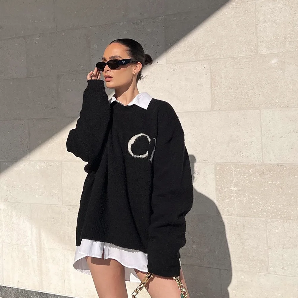 2025 new Tide CB letter jacquard round neck sweater high street loose men and women loose casual couple knitwear