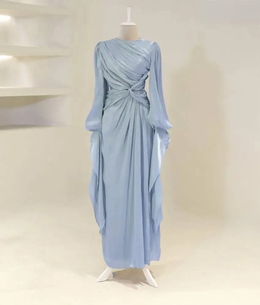 

Customized Formal Chiffon A-Line Evening Dress High Quality Long Sleeves O-neck Floor Length فستان سهرة نسائي