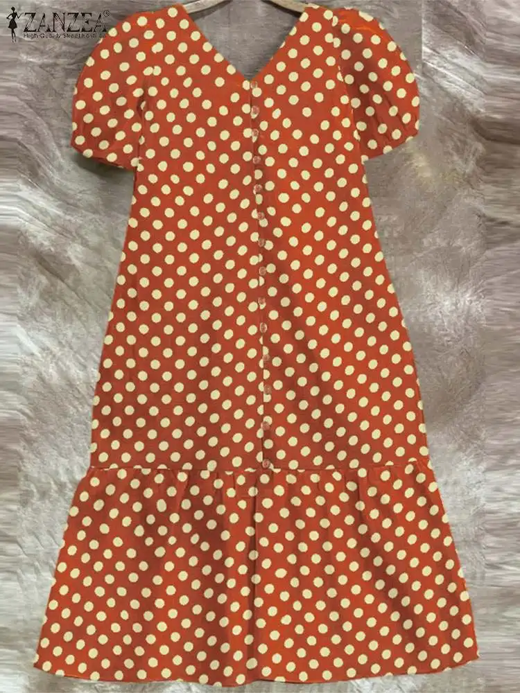 Zanzea feriado babados vestido de festa vintage bolinhas verão vestido de verão feminino com decote em v midi vestido senhora manga curta puff botão robe