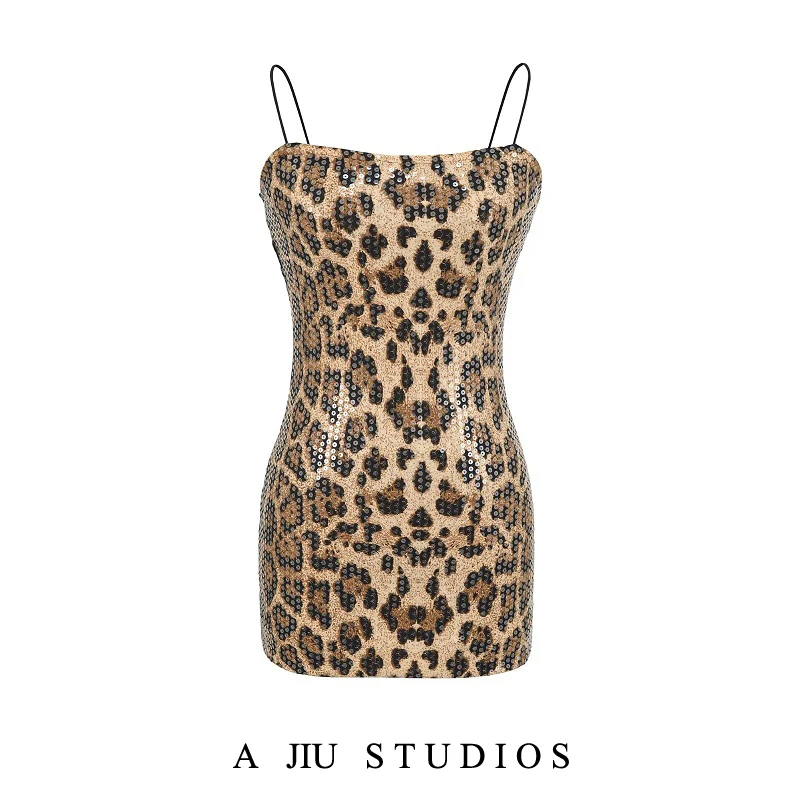 

Sexy American Girl Leopard Print Sequin Strap Dr Women Summer Streetwear Slim Fit Ultra ort Bodycon Skirt High Waist