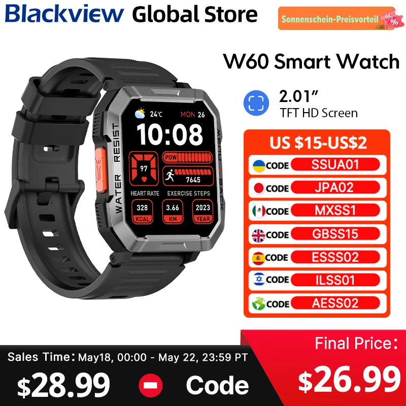 

New Blackview W60 Smartwatch 2.01'' HD TFT Display 900mAh Bluetooth Calling Emergency Lighting Rugged Smart Watch for Outdoor