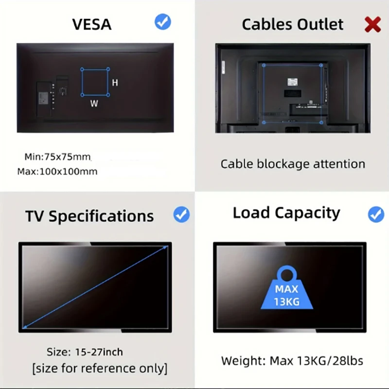 조절식 TV 모니터 벽걸이 브래킷, 대부분의 13-27 인치, 10-32 인치, 360 ° 회전 확장 TV 거치대 VESA 100x100mm, 1 개