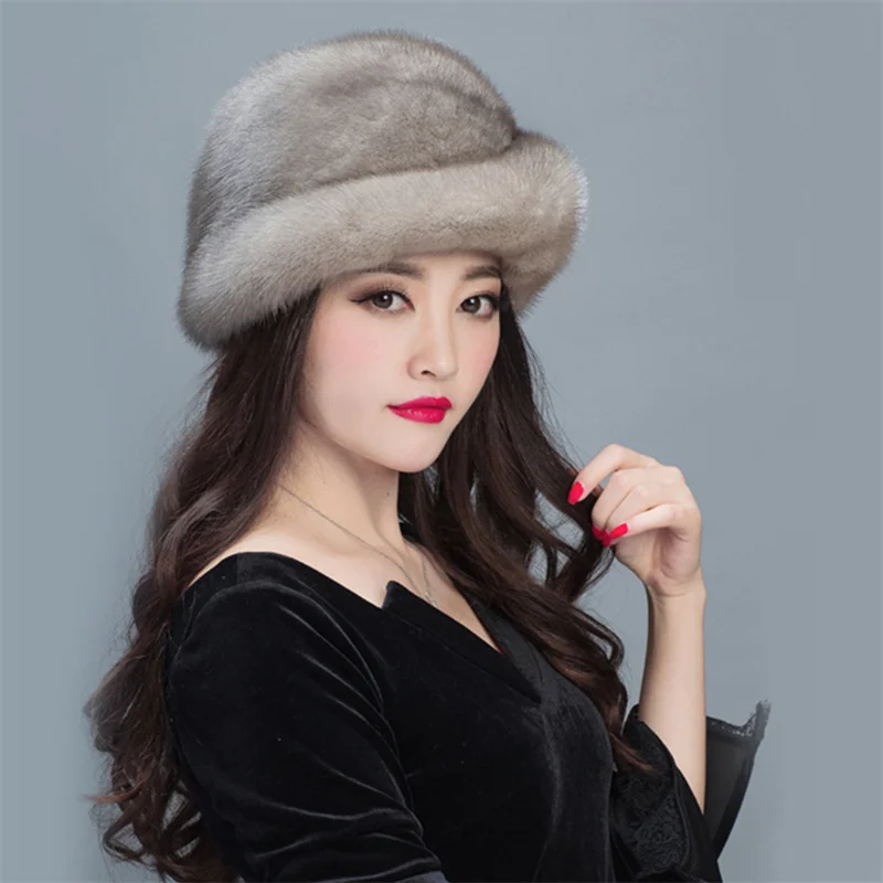 Winter Women\'s Mink Fur Hat Outdoor Warm Luxury Full Fur Hat Russian Fashion Soft Mink Hat Women\'s Warm Ear Hat Flower Pot Hat