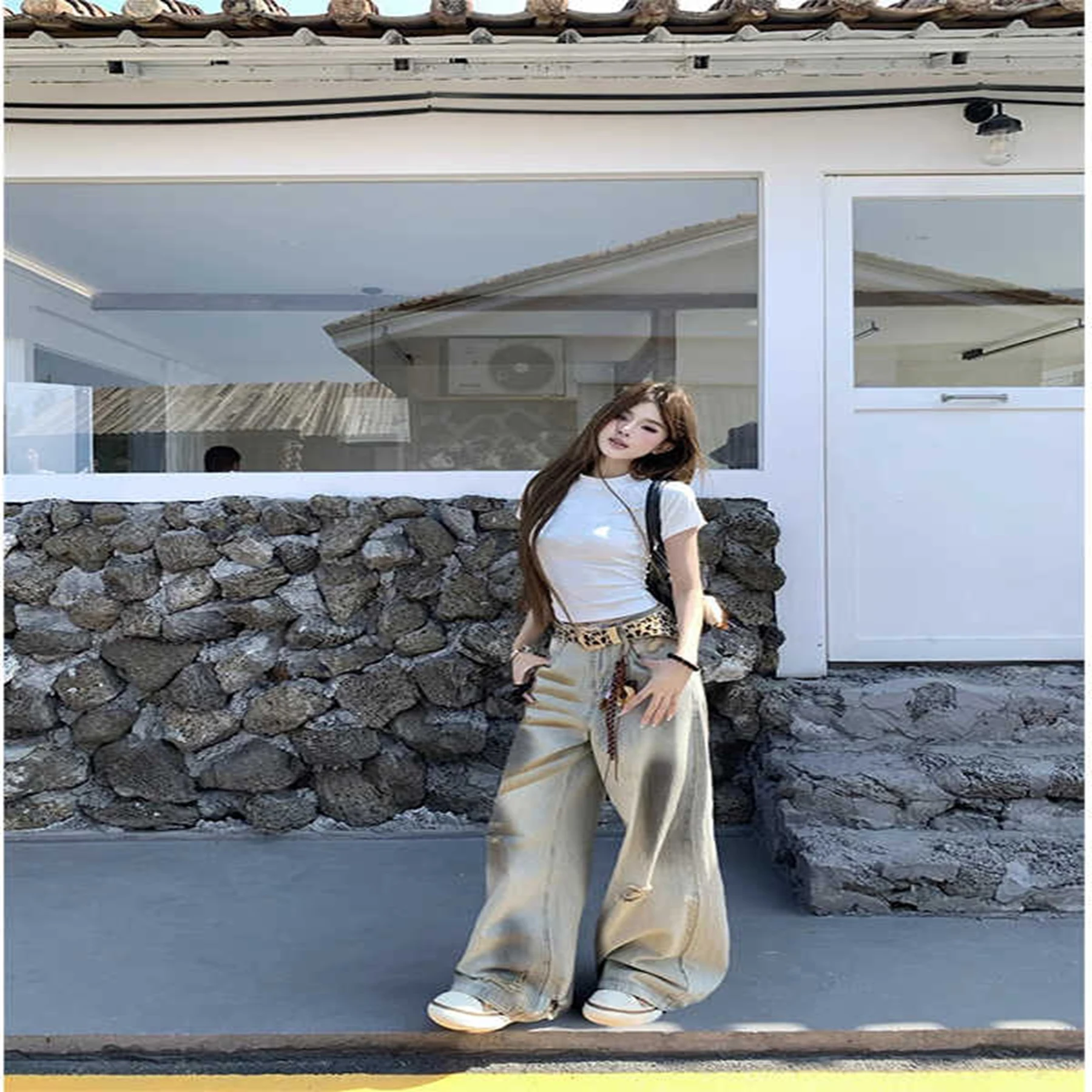 

Women's White Cargo Jeans Baggy Vintage Y2k Denim Trouser 90s Aesthetic 2000s Harajuku Oversize Wide Cowboy Pants Trashy Clothes