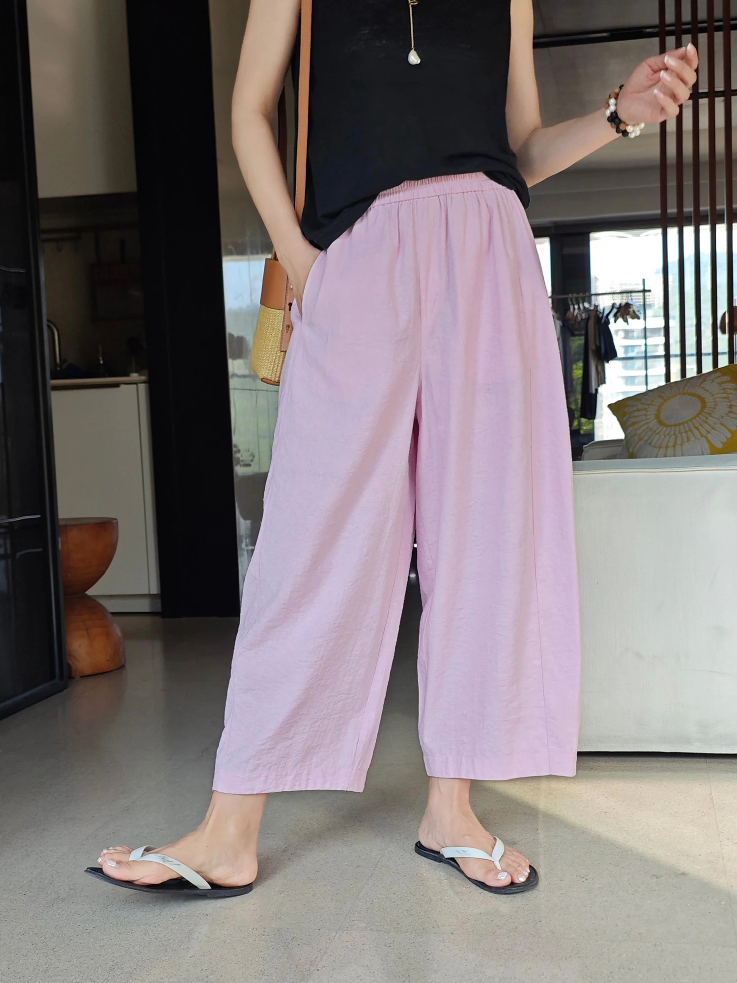 

LoveS Soft Mist Pink Wide Leg Pants Women's Summer Lightweight Nine Point Loose Fit Casual Straight Tube High Waist Trousers