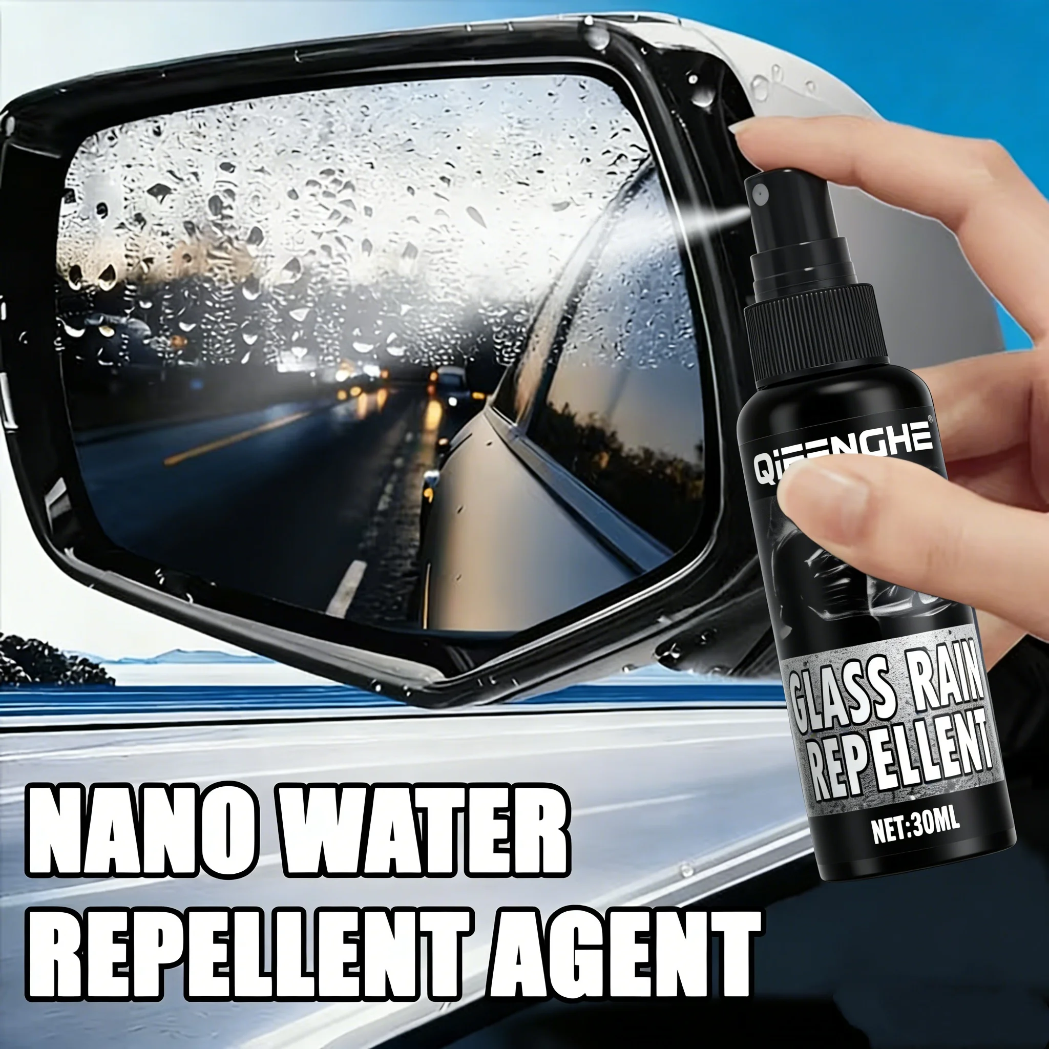 30ml Car Glass Water Repellent Spray QIFENGHE - Rainproof Anti-Water Coating for Auto Windshield, Clear Vision in Rainy Days