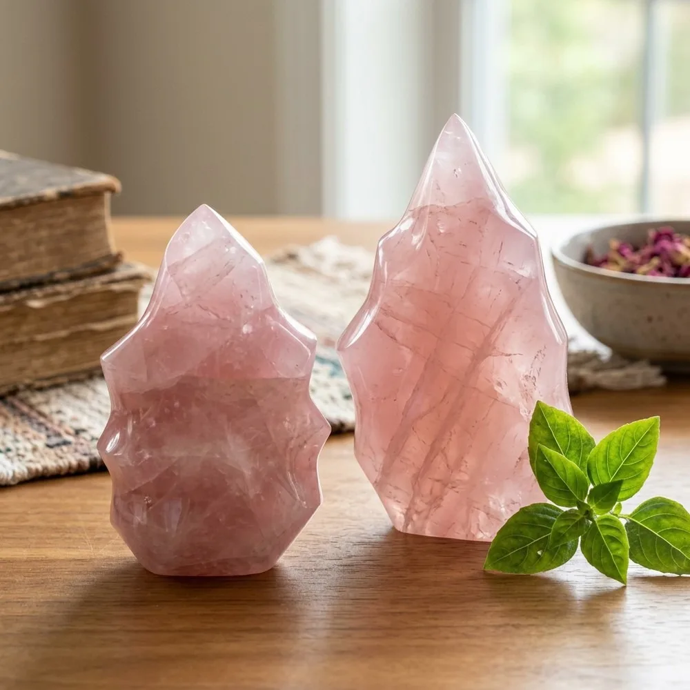 Natural Pink Quartz Crystal Flame Handmade Torch, Healing Stone Craft, Spiritual Decorative Gift for Home
