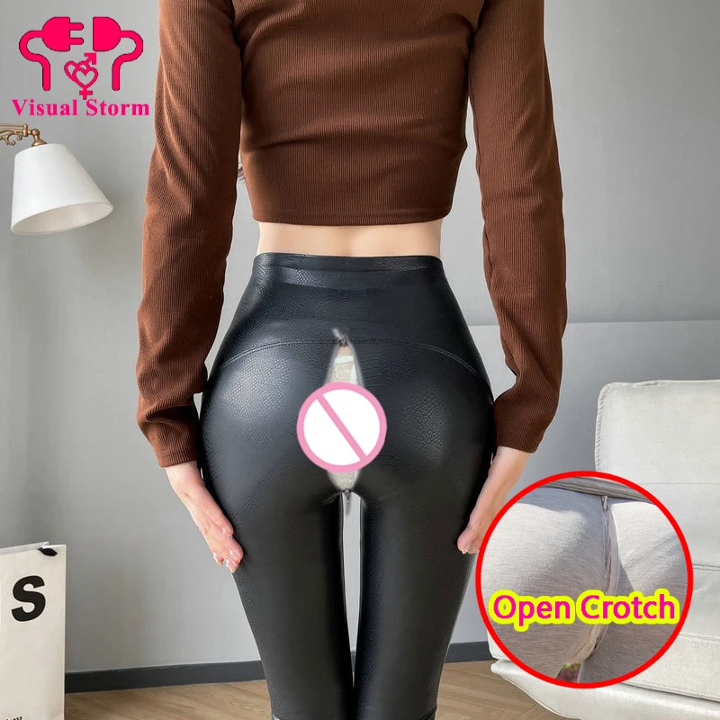 

Woman Open Crotch Leggings Sexy Panties Leather Hidden Zippers Pants PU Matted Sexy Crotchless Trousers Skinny Push Up Underpant