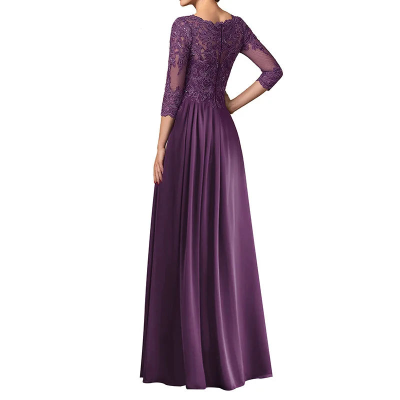 Customized Purple Chiffon Applique Beads Long Sleeved Mother Dress for Women Slim Fit  Formal Occasion Evening Prom Dresses