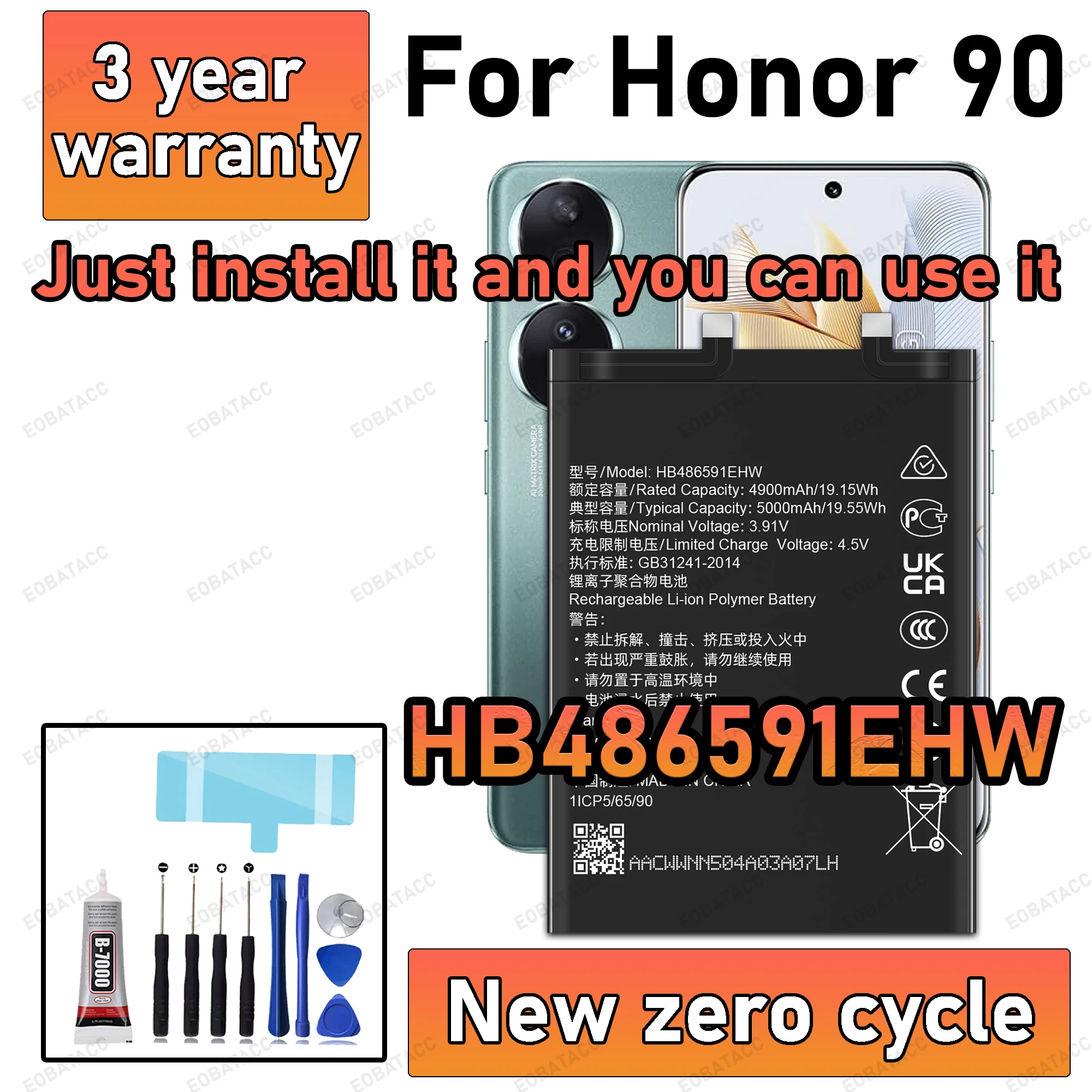 

100% New High Capacity HB486591EHW Battery For HONOR 90 Phone batteries batteria+Free Tools