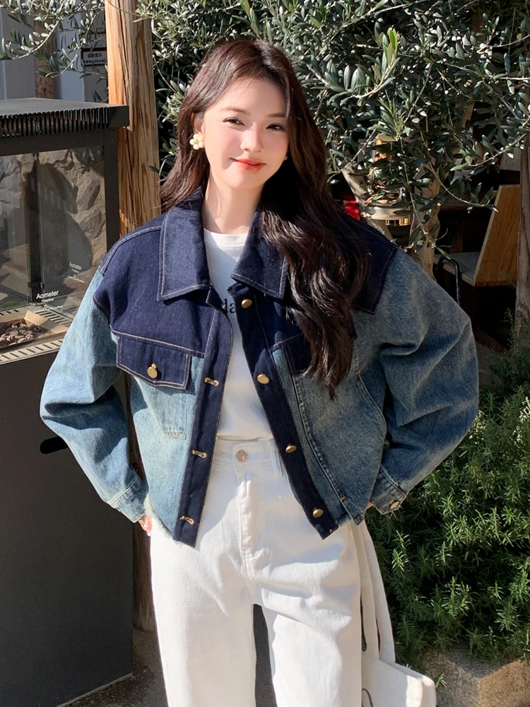 

Women's Two-Tone Denim Jacket - Color-Block Oversized Coat with Gold Buttons Spring Autumn Casual Layering Essential Outerwear