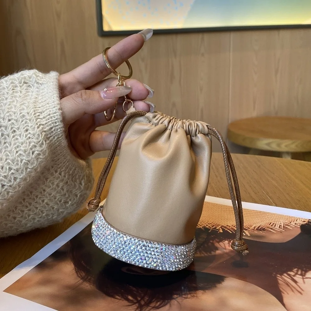 

Light Luxury Bucket Coin Purse Versatile Design with Keychain Drawstring Mini Handbag Wax Rope Lipstick Bag Earphone Storage Bag