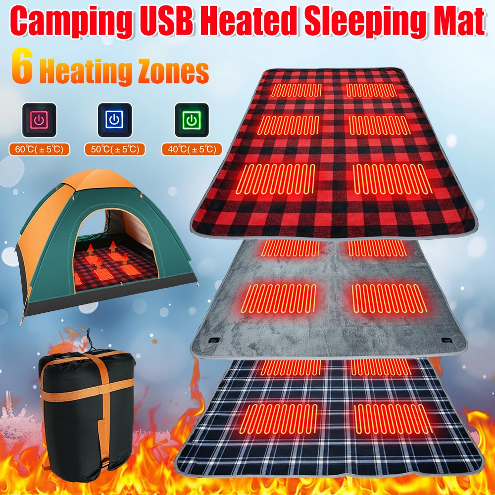 

Cold Weather USB Heated Sleeping Pad 6 Heating Zones 3 Adjustable Temp Portable Waterproof Camping Mat for Outdoor Hiking Picnic