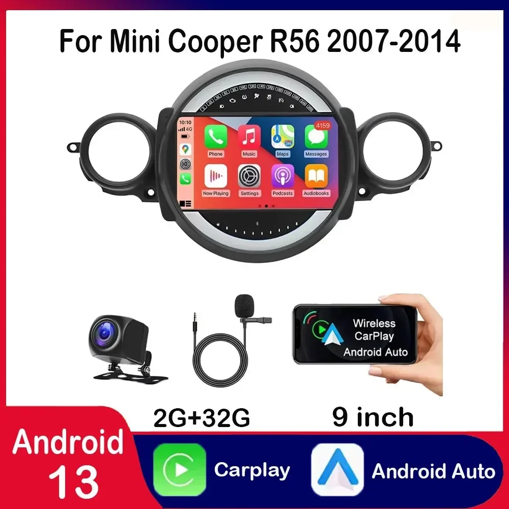 ل 2007-2014 BMW Mini Cooper R56 Android 13 نظام ملاحة داخل السيارة 9 بوصة مدمج مع CarPlay + Android Auto / 2 + 32G