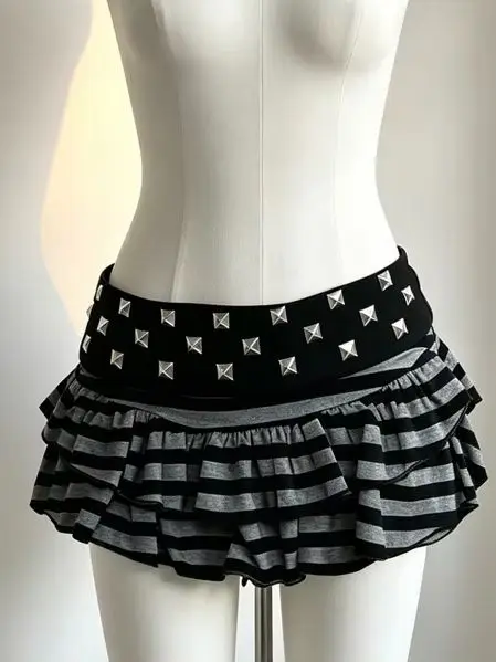 Punk style short skirt with striped contrasting A-line sexy fashion striped border pleated skirt low waist layered mini skirt