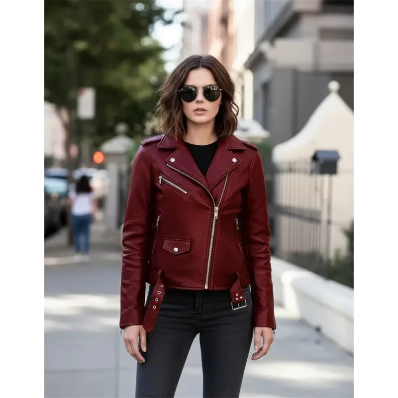 

Womens Black & Claret Leather Motorcycle Biker Jacket