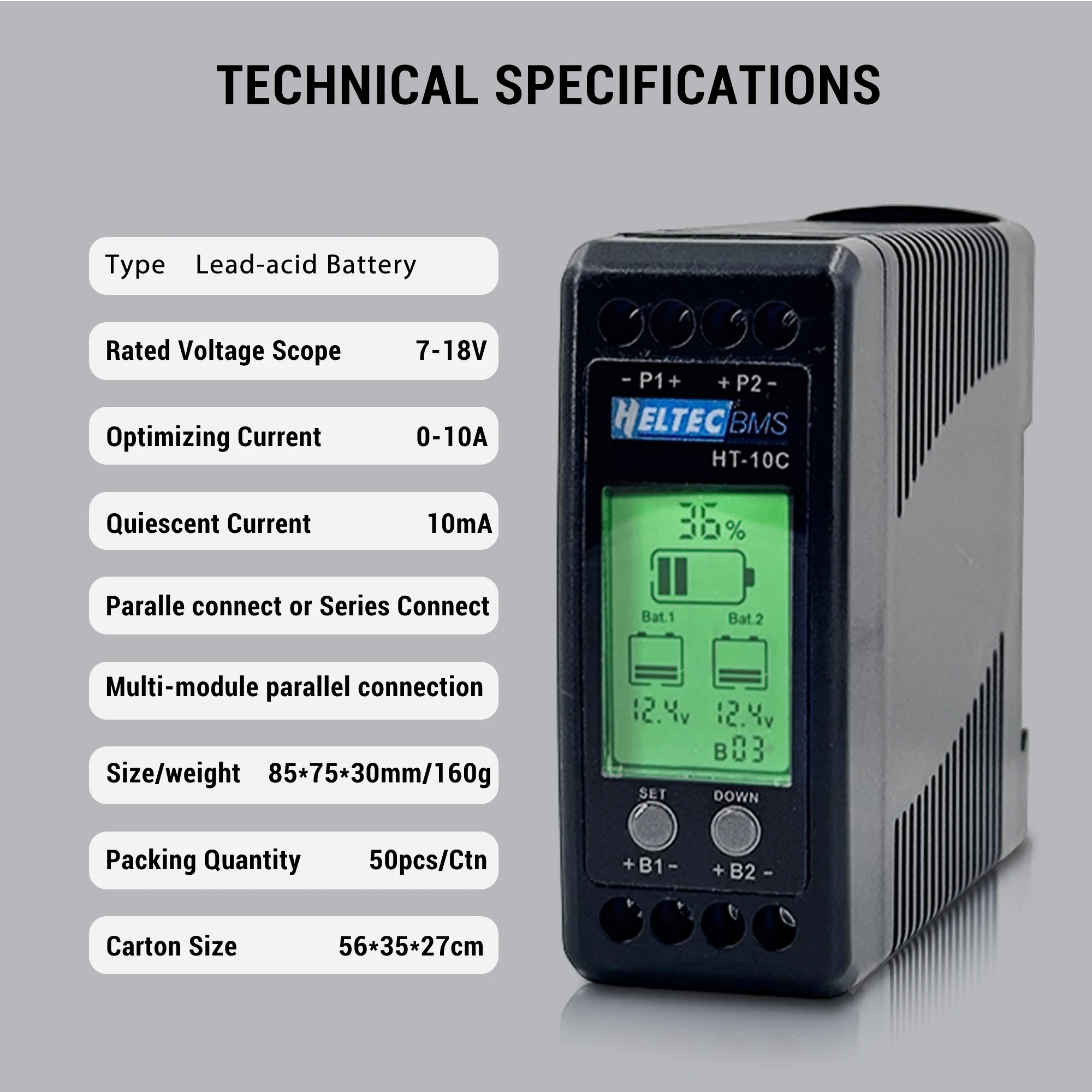Heltec 12V Lead Acid Battery Equalizer 10A Active Balancer Lipo/Lifepo4 Connected in Parallel Series LCD Meter for 24/36/48V/96V