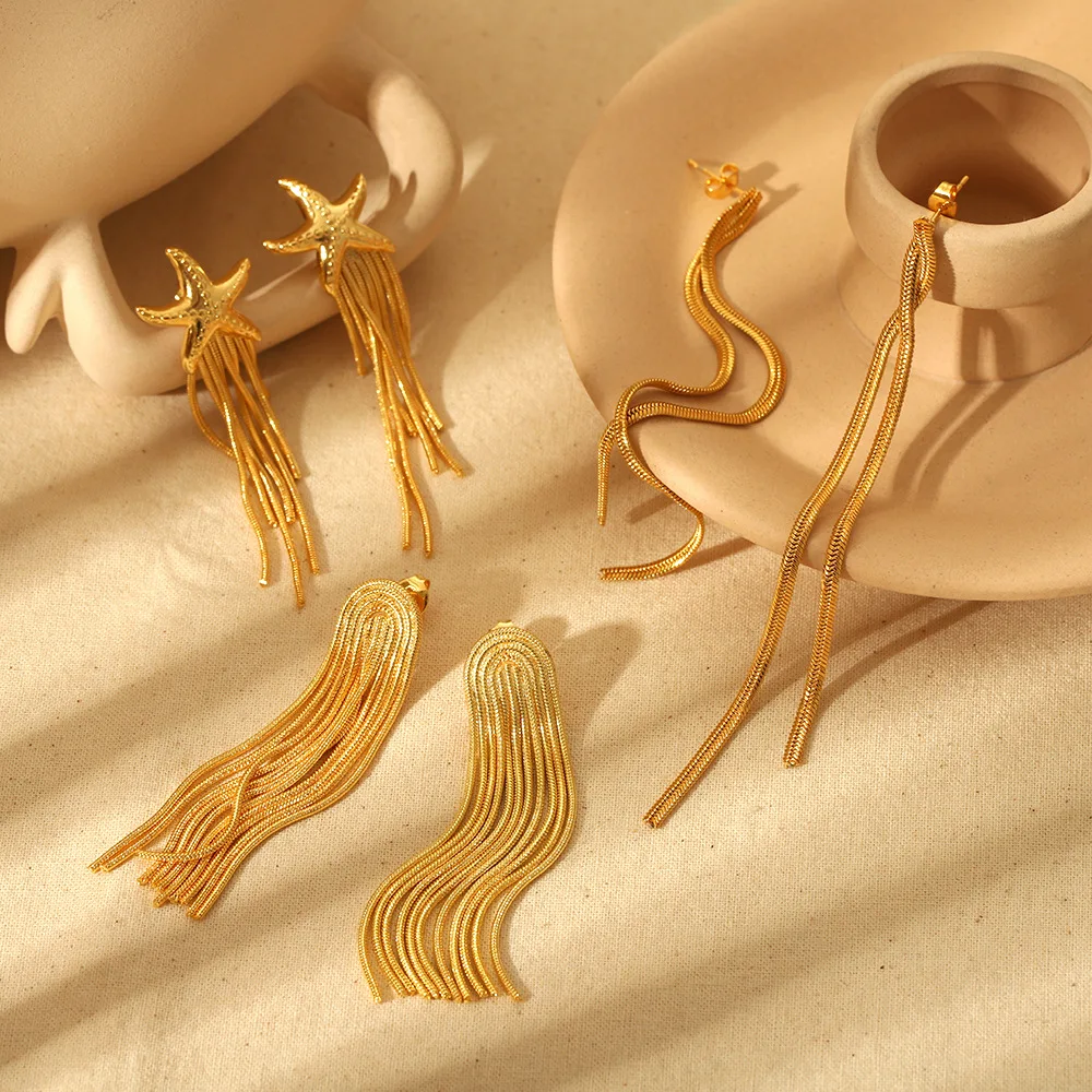 Ins 18K Gold  PVD Plated Stainless Steel Chain Tassel  Drop Earring For Women Waterproof  Hypoallergenic Jewelry Gift