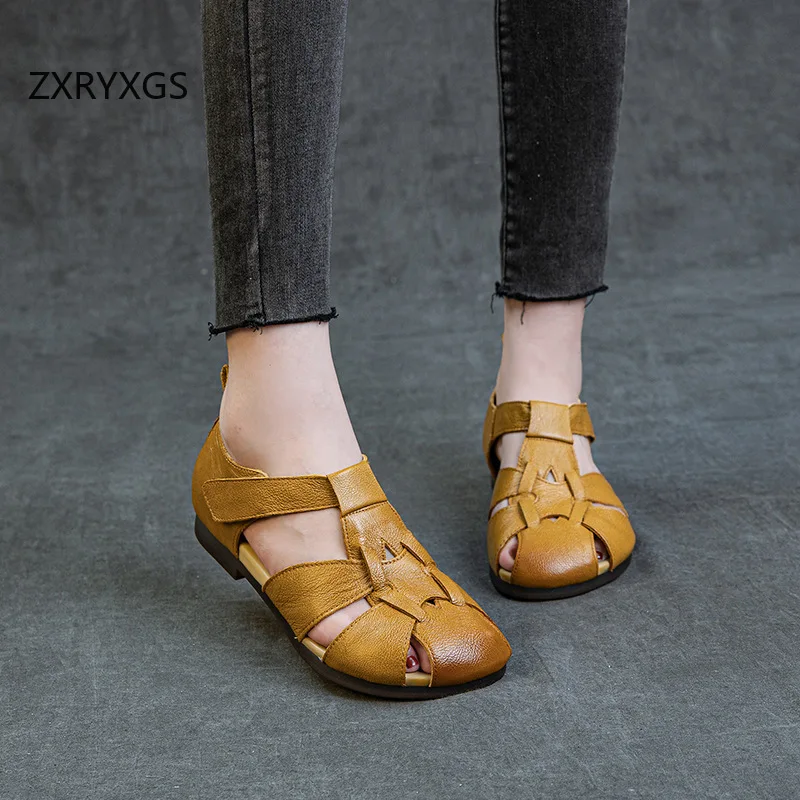 

ZXRYXGS 2025 New Summer Top Soft Cowhide Women Flat Sandals Elegant Comfortable Soft Sole Real Leather Roman Sandals Casual Shoe