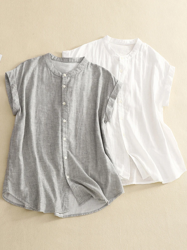 

Casual Loose Fit Cotton irt Thin Pure Color Svel Stand Collar Button up Women's Summer Top for plus Size