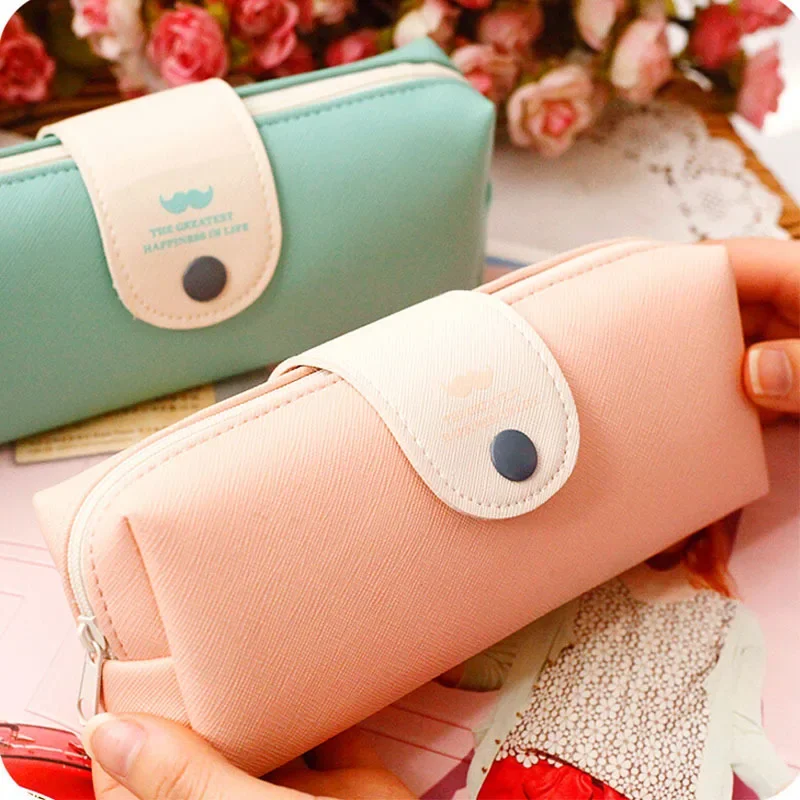 

Candy Color Pencil Case PU Leather School Pencil Bag for Girl Stationery Storage Bag Korean Style Snaps Pen Bags School Supplies