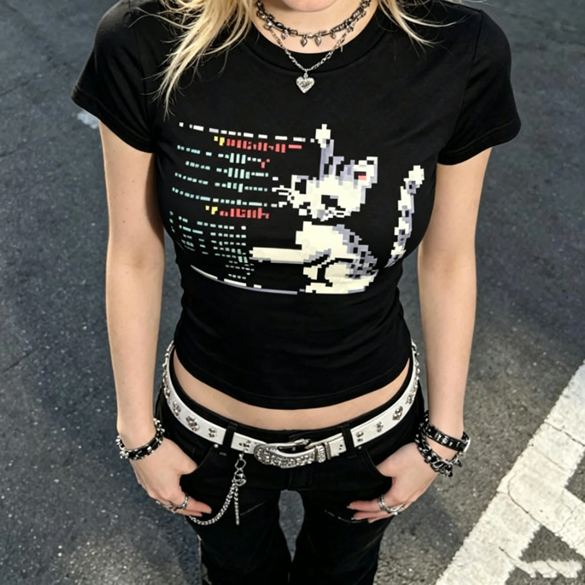 Retro Pixel Cat Programmer Print T-Shirt Women Funny Code Cat Short Sleeve Black Streetwear Top Summer Y2K Punk Fashion Daily
