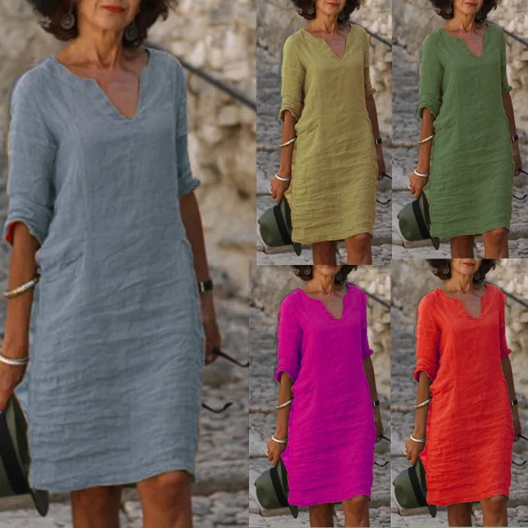 Damenkleider 2026 Baumwolle Leinen V-Ausschnitt Patchwork Retro Einfarbig Dreiviertelärmel Knielanges Kleid Kleidung Vestidos