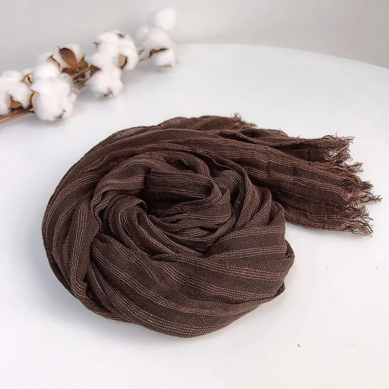 Men/Women Spring/Summer Cotton Linen Brown Versatile Striped Scarf