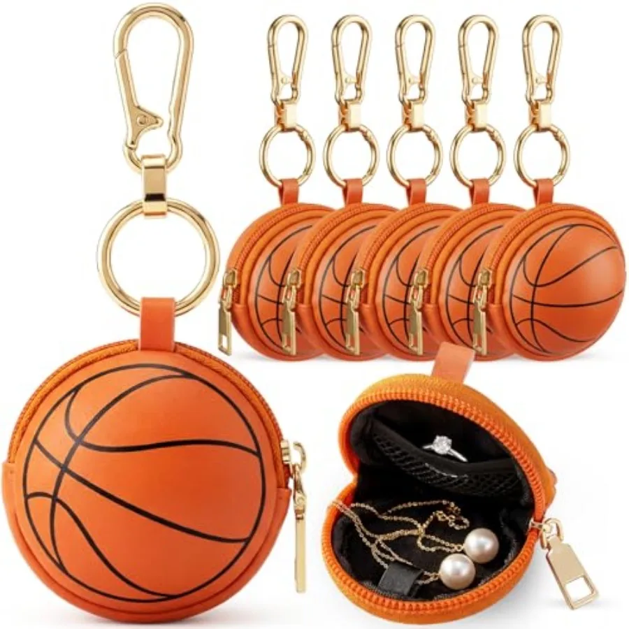 

6 Pack Basketball Jewelry Holder Keychain - Portable Ring Keeper Case Small Travel Ring Box with Zipper Earring Stud Necklace S
