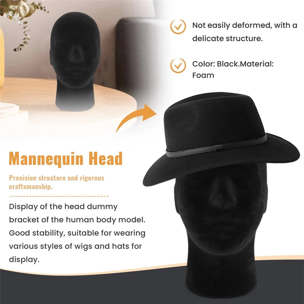 Polystyrene Black Foam Men Model Mannequin Head Dummy Stand Shop Display Hat, 2 x BLACK