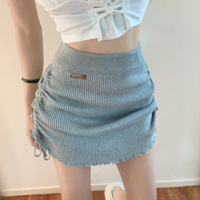 

Pleated Drawstring High Waisted Slim-Fit Skirt Summer Women Knitted Short Mini Skirts Bodycon Sheath Short Skirt Curve Hem Skirt