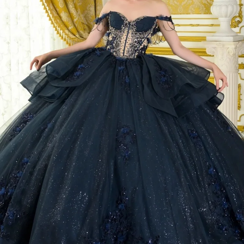 

Shiny BlackQuinceanera Dresses Off the Shoulder Glitter Layering 3D Flower Decal Long tail Vestido De 15 Quinceanera Customize