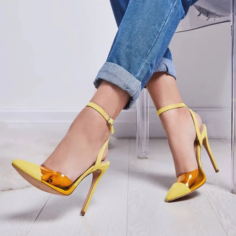 

Clear PVC Transparent Pointed Toe High Heel Shoes Yellow Suede Ankle Strap Stiletto High Heels Concise Female Footwears