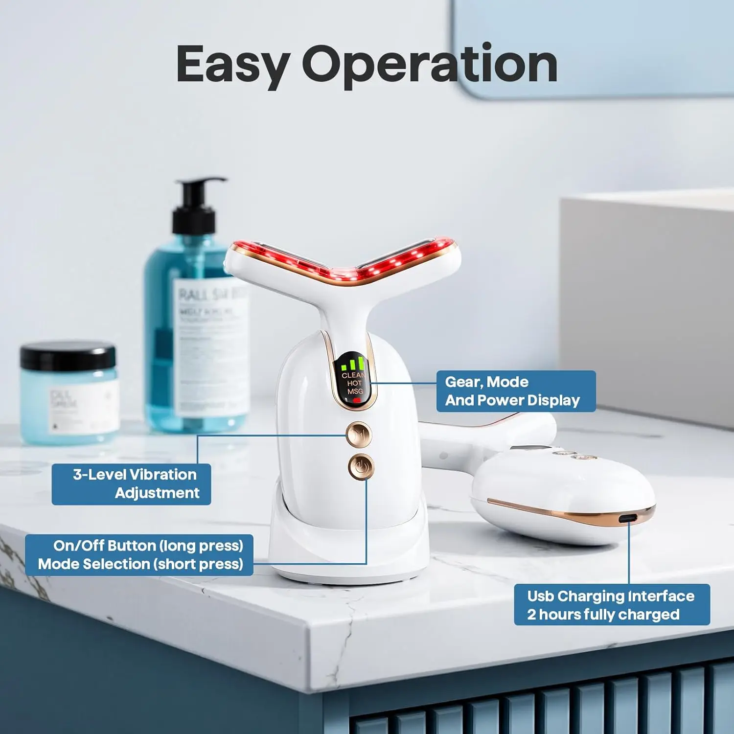 العلاج بالضوء الأحمر للوجه، أداة تدليك الوجه ذات 3 أوضاع مع اهتزاز تسخين للعناية بالبشرة، مدلك الوجه المخفض للتجاعيد إلى S #2