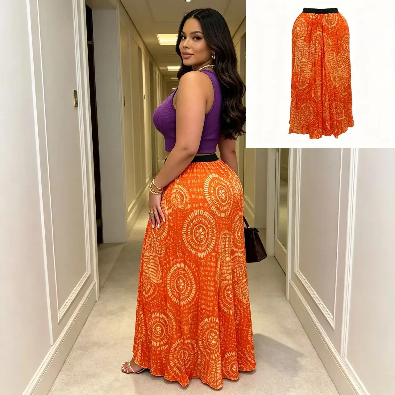 Women Plus Size Orange Boho Mandala Print Maxi Skirt High Waist Elastic Flowy Long Skirt Summer Beach Festival Bohemian Skirt