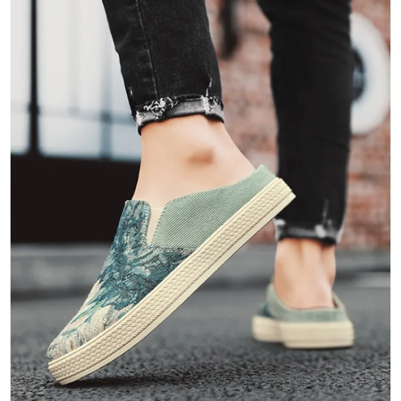 Half Shoes for Men Mules Canvas Slip on Flats Slippers Summer Backless Slippers Loafers 2026 Man Slides Mens Casual Shoes，39-46