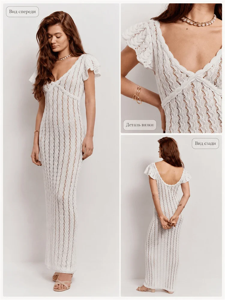 Tossy Ruffled Hollow Out Knit Long Dress Women V-Neck Fashion Patchwork See-Through Beach Holiday Dress Knitwear Female Dress view 4