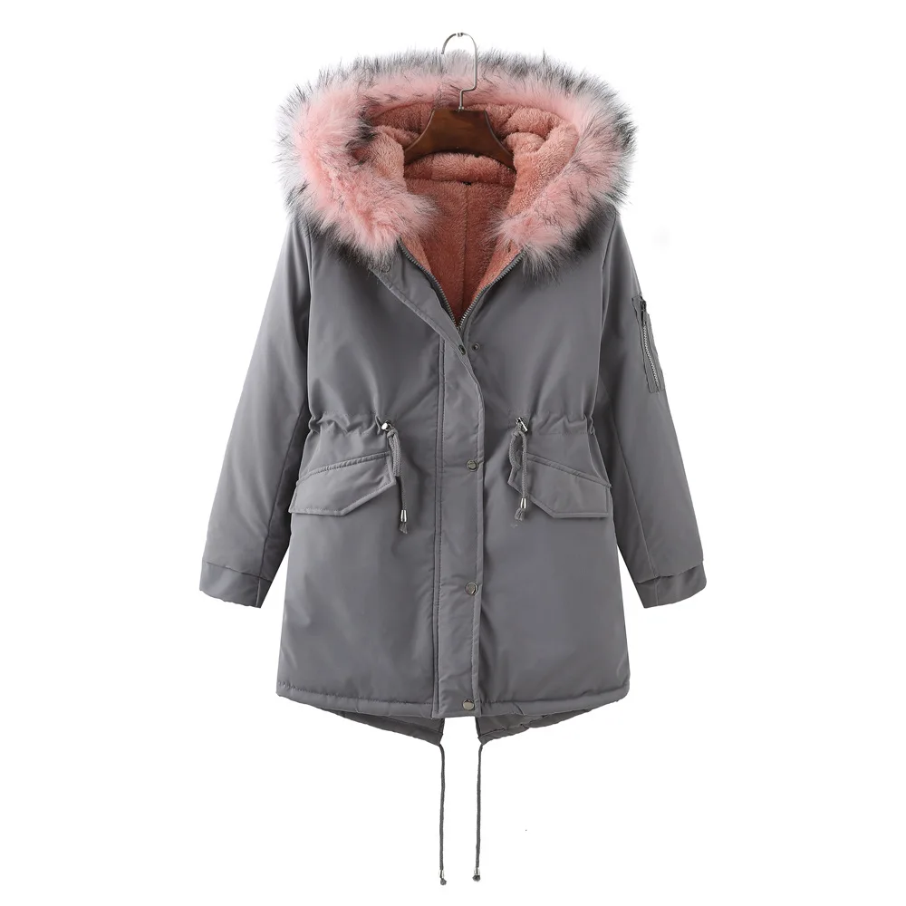 Parkas Jacket Women Cotton Coat Fur Collar Hooded Drawstring Covered Button Thick Windproof Overcoat Female Winter Outerwear