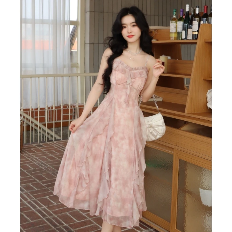 

Summer Pink Dress Womens Sling Ruffled Sexy Korean Fashion Simple 2023 Female Dress Temperament Elegant Party Long Dress